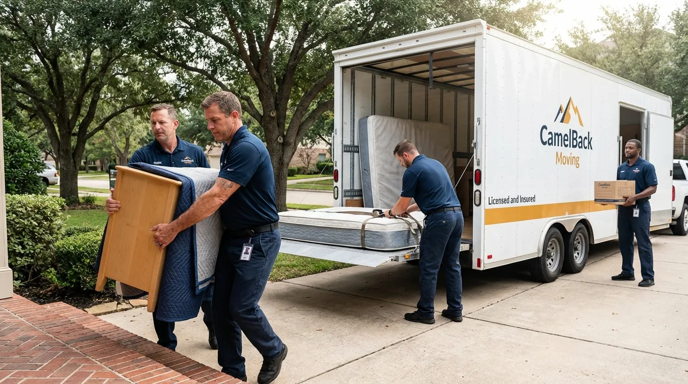Crew loading residential truck for cross-state move from Fabens, TX