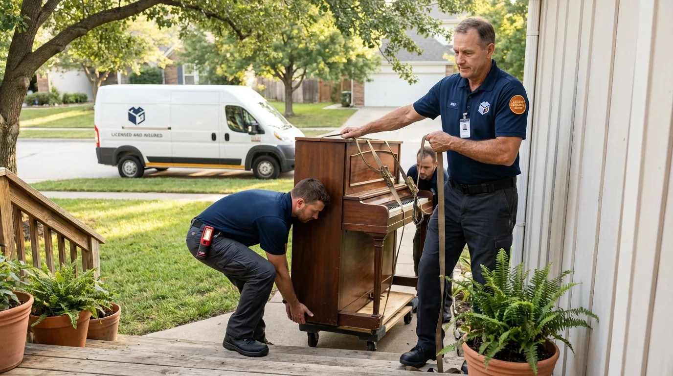 Licensed piano movers securing grand piano in Fabens, TX