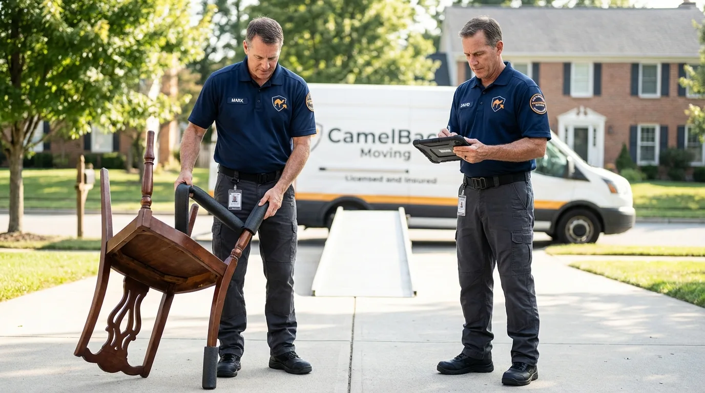 Movers inspecting furniture for damage prevention before loading in Fabens, TX