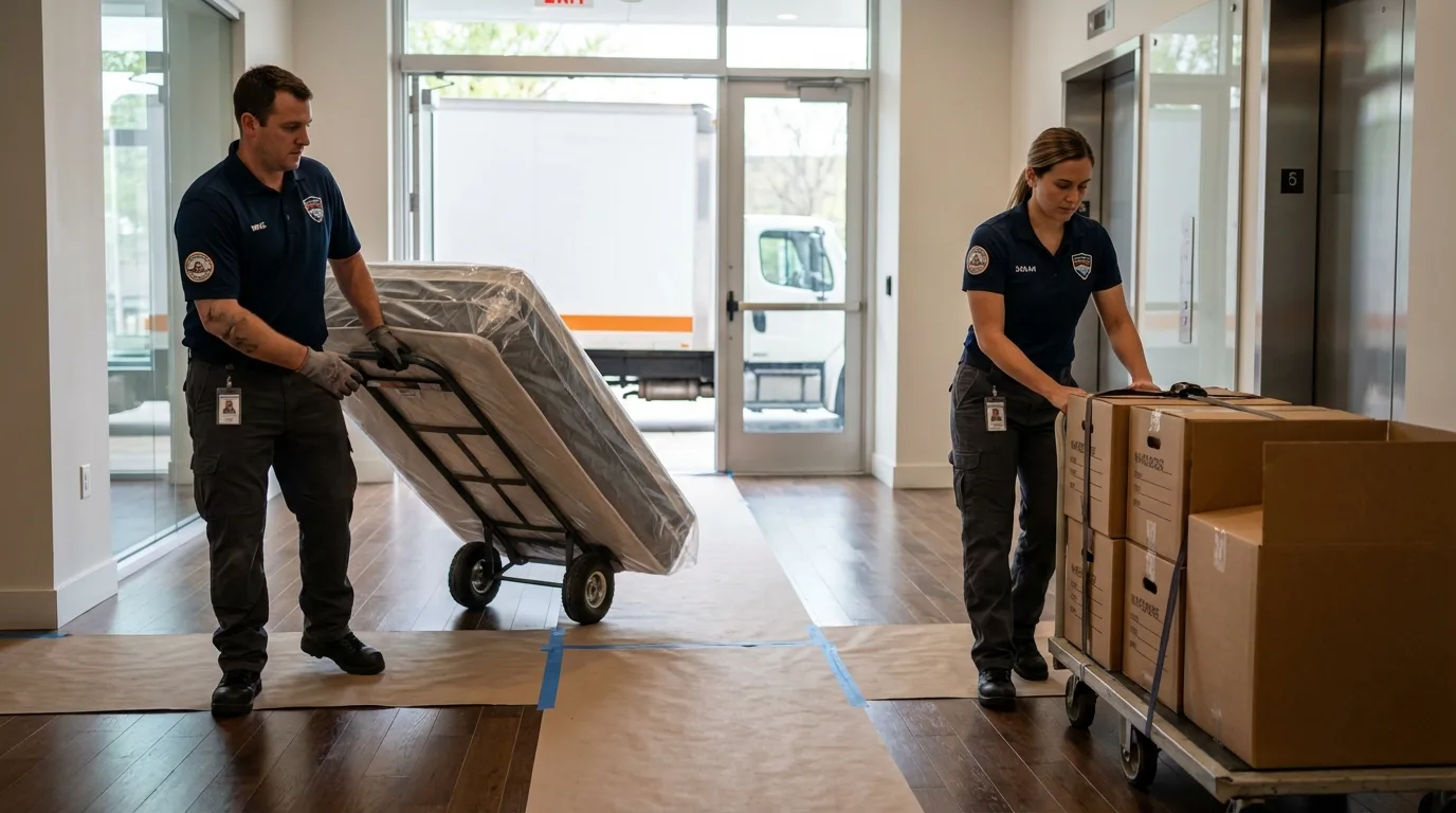 Professional apartment movers loading elevator in Fabens, TX